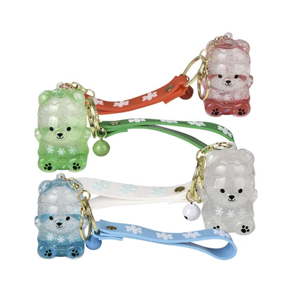 Set of four colorful bear-shaped keychains with wrist straps on a white background