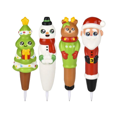 Four Christmas-themed pens featuring a tree, snowman, bear, and Santa Claus on a white background.