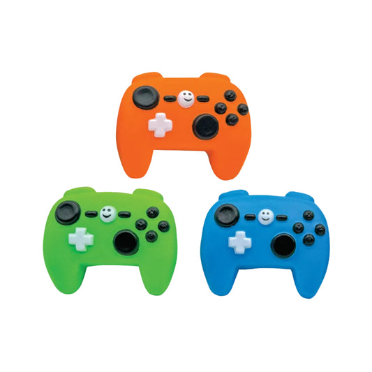 Three colorful gaming controllers in orange, green, and blue on a white background