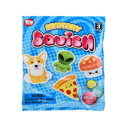 Mystery Squish toy package with colorful characters on a blue background