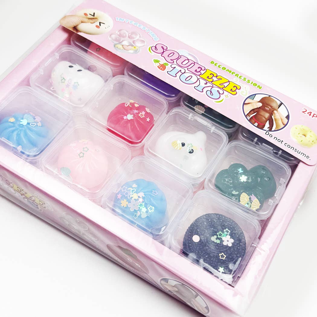 24 pcs Mini Assorted Squishy Toy Box