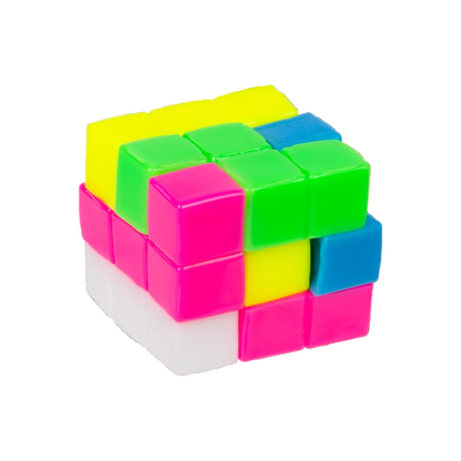 Colorful cube puzzle with pink, green, yellow, and blue faces on a white background